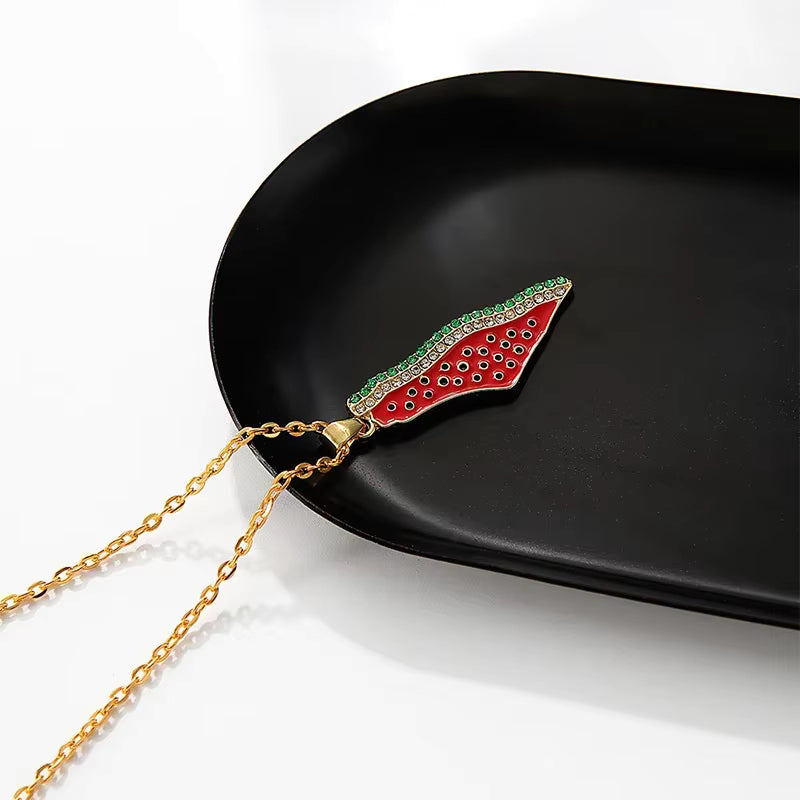 Stainless Steel Watermelon Crystal Pendant Chain Necklace Minimalist Geometric Rope Charm Jewelry Gift for Women Men